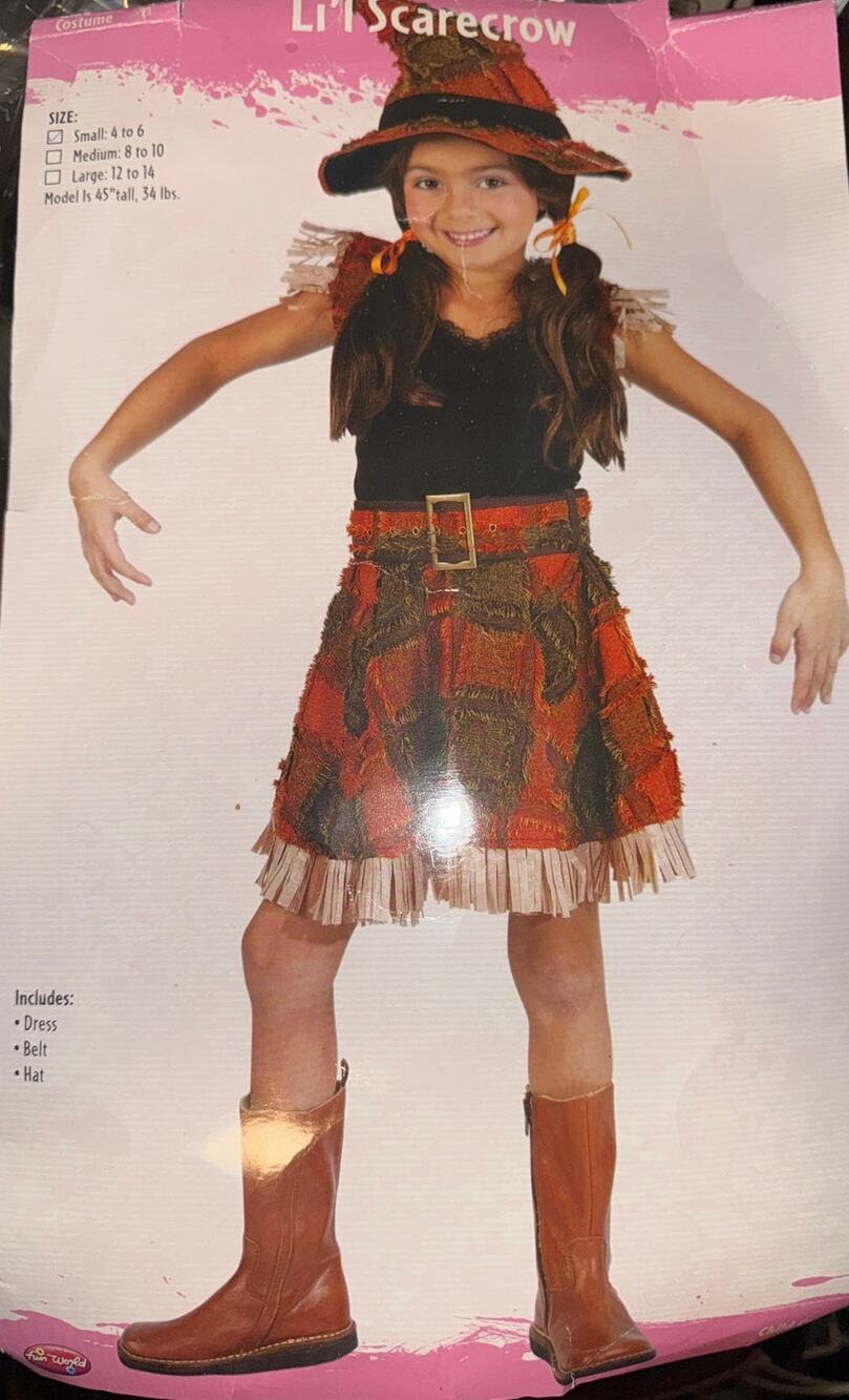 NEW Lil Scarecrow Costume Dress Belt Hat Fall Autumn Small 4-6 y Thanksgiving